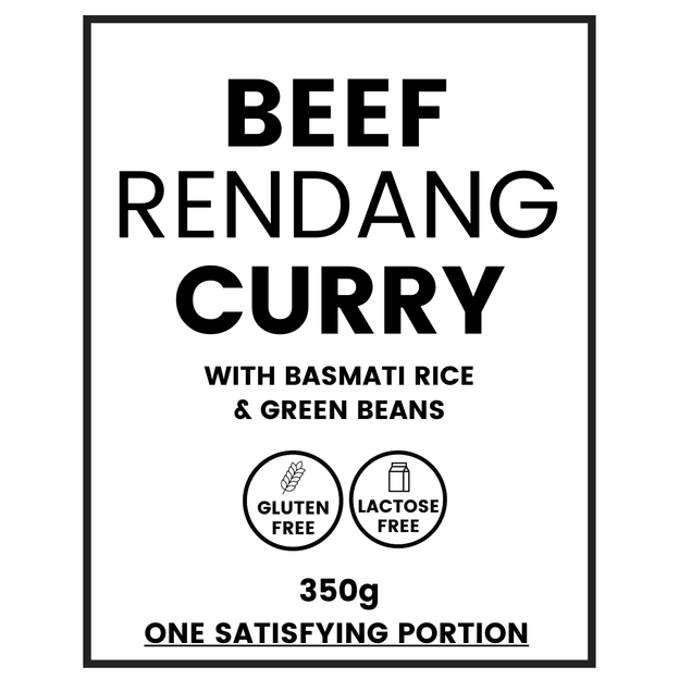 Beef Rendang Curry meal label showing gluten free and lactose free. 350g portion.