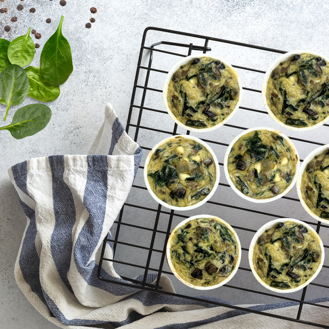 Gluten free, low FODMAP mini muffins with mushroom, bacon-style flavour and egg. Six per pack. 