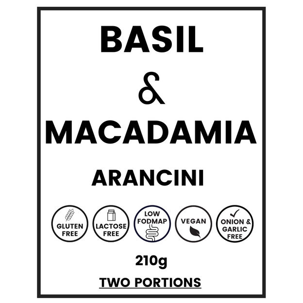 Gluten-free, Low FODMAP vegan basil and macadamia arancini meal label.