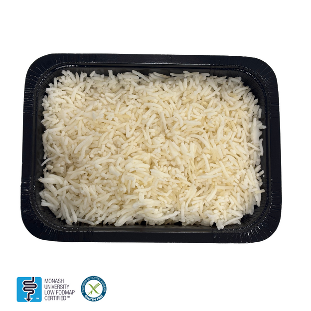 Gluten-free basmati rice, low FODMAP and Monash endorsed, fluffy and ready to heat, by We Feed You in tray. 