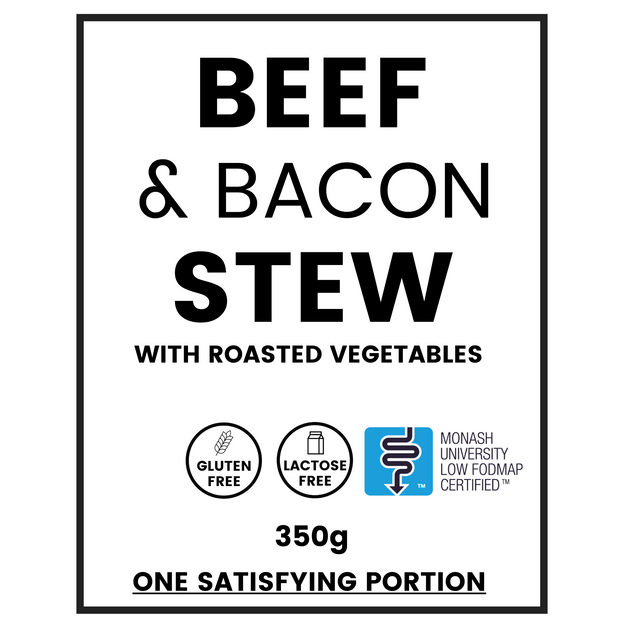 Beef & Bacon Stew w/ Roasted Veggies meal label. Meal is Gluten Free, Lactose Free and Low FODMAP. 