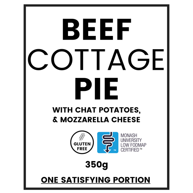 Beef Cottage Pie Label with Gluten free and Low FODMAP logos. 