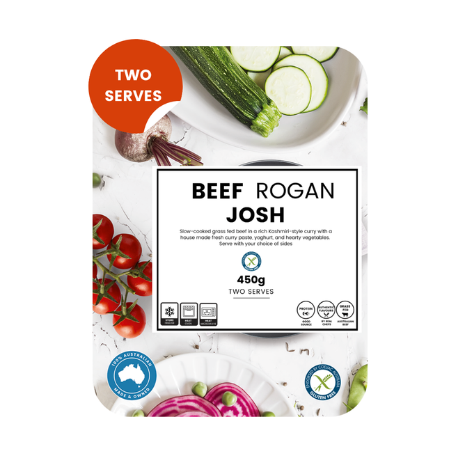 Beef Rogan Josh (450g, serves 2) with grass-fed beef, vegetables and aromatic spices, high protein, gluten free.
