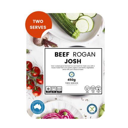 Beef Rogan Josh (450g, serves 2) with grass-fed beef, vegetables and aromatic spices, high protein, gluten free.