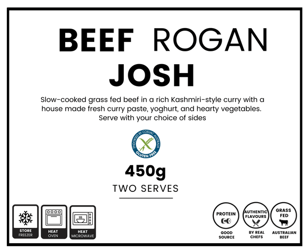 Beef Rogan Josh (450g, serves 2) with grass-fed beef, vegetables and aromatic spices, high protein, gluten free.