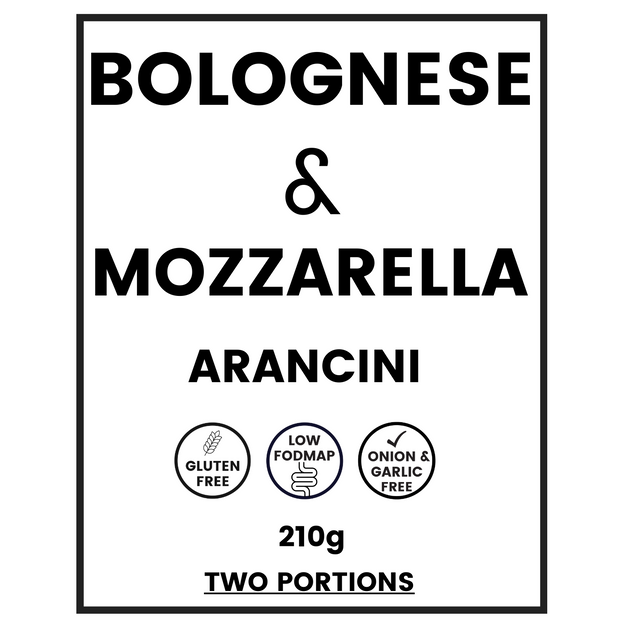 Label of Gluten-free, Low FODMAP (onion & garlic free) beef bolognese and mozzarella arancini.