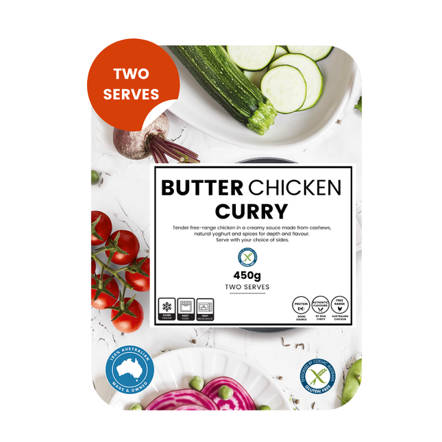 Butter chicken share pack (450g, serves 2) with tender chicken in a creamy cashew yoghurt sauce, gluten free.