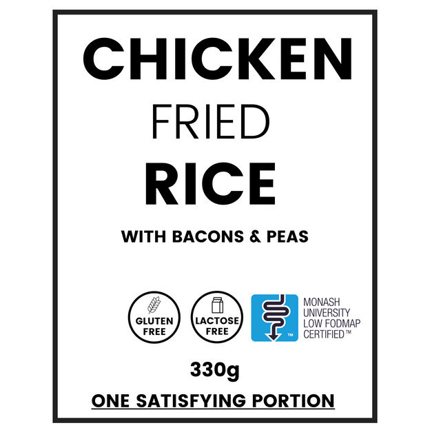 Chicken Fried Rice showing LOWFODMAP certified, lactose free, gluten free logos on ready meal. 