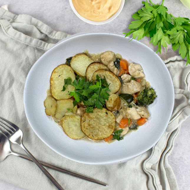 Gluten free, Low FODMAP chicken pie in bowl. A good source of protein. 