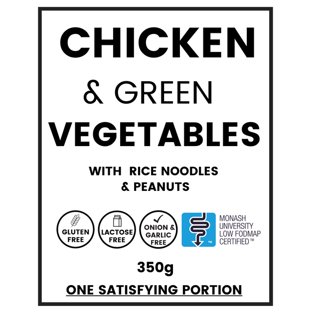 Chicken and Green Vegetables ready meal packaging showing low FODMAP, gluten free, onion&garlic Free and lactose free. 
