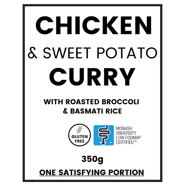 Gluten-free, Low FODMAP chicken sweet potato curry with roasted broccoli and basmati rice label. 
