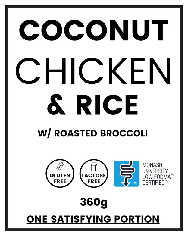 Product label for gluten-free, Low FODMAP coconut chicken rice with roasted broccoli.