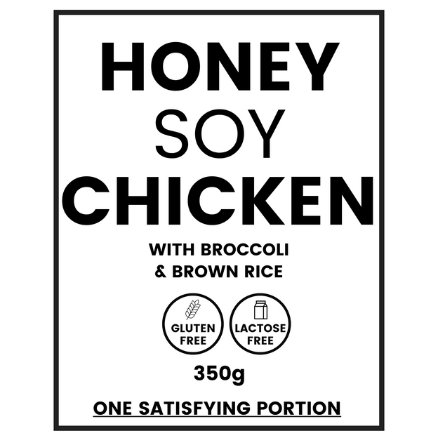 Honey Soy Chicken w/ Roasted Carrots, Broccoli & Brown Rice label showing this meal is gluten free and lactose free and 350g. 