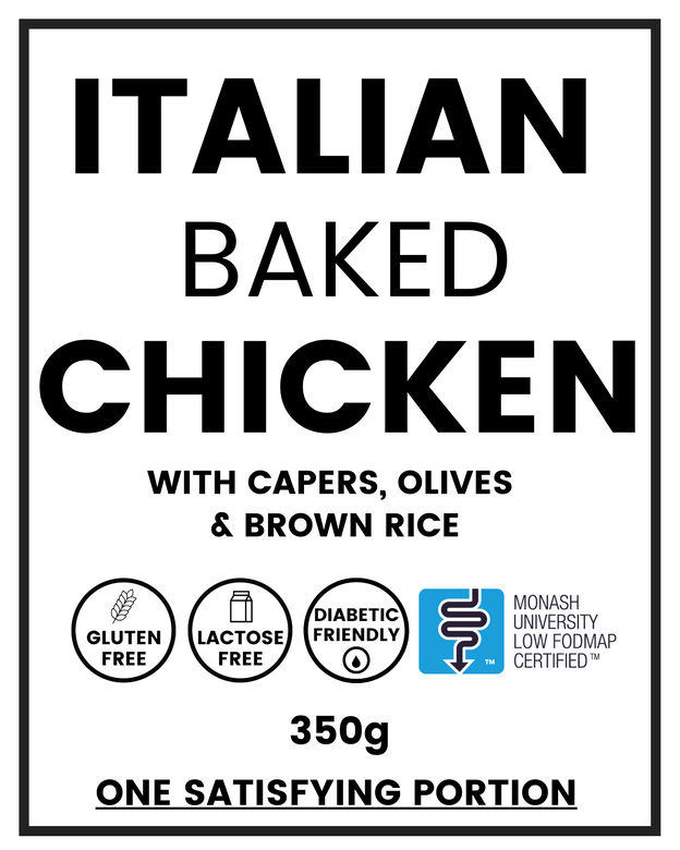 Italian Baked Chicken ready meal label showing this meal is gluten free, lactose free, diabetes friendly and low FODMAP. 