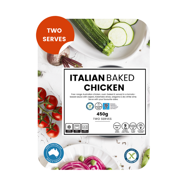 Italian baked chicken (450g, serves 2) with free range chicken, tomato, olives and capers, high protein, low FODMAP, gluten free.