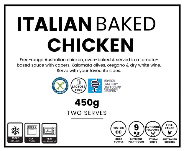 Gluten free Italian baked chicken (450g, serves 2) with free range chicken in tomato, olive and caper sauce. Low FODMAP.