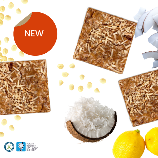 Lemon and coconut squares (270g, 6 pieces) with white chocolate, lemon zest and coconut, gluten free, low FODMAP.