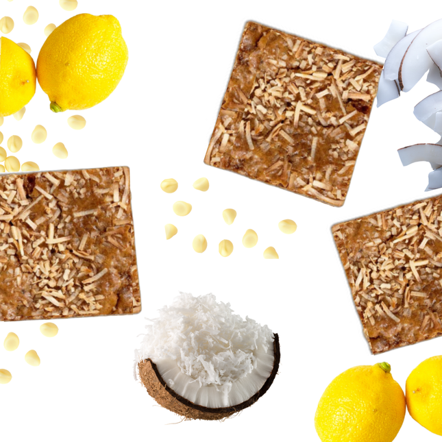 Lemon and coconut squares (270g, 6 pieces) with white chocolate, lemon zest and coconut, gluten free, low FODMAP.