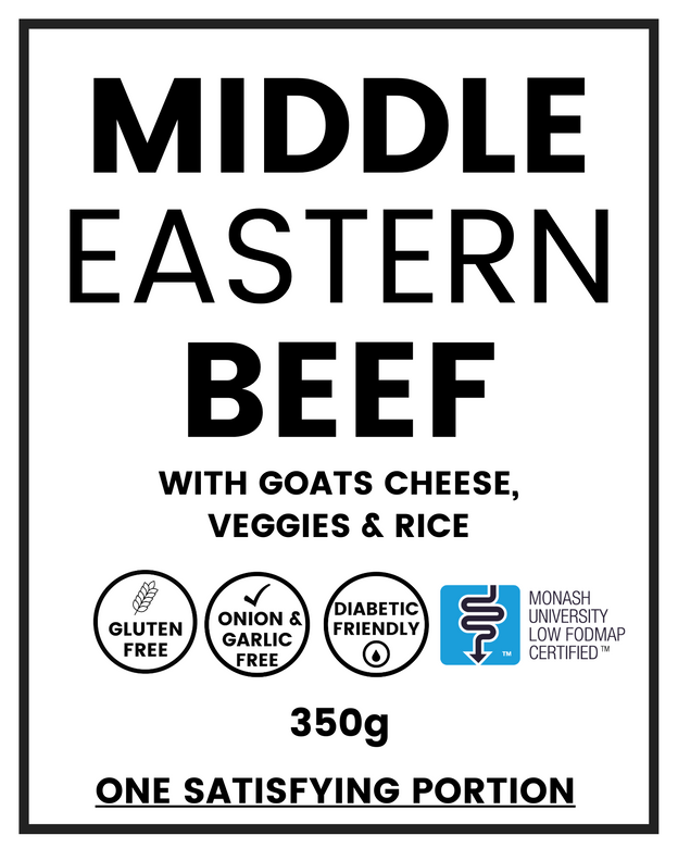 Middle Eastern Beef label showing the meal is LOW FODMAP, Diabetes Friendly, GLUTEN FREE, onion and garlic free. 