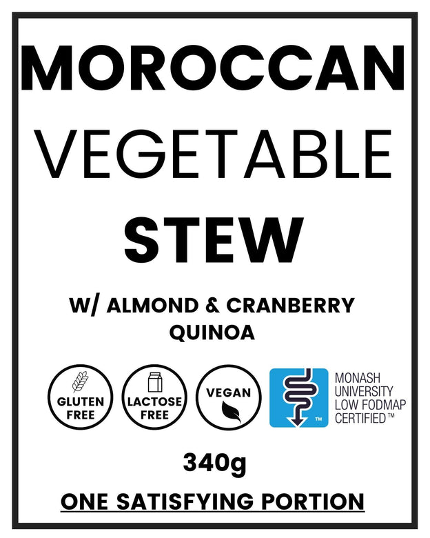Guten-free, Low FODMAP vegan Moroccan vegetable stew product label.