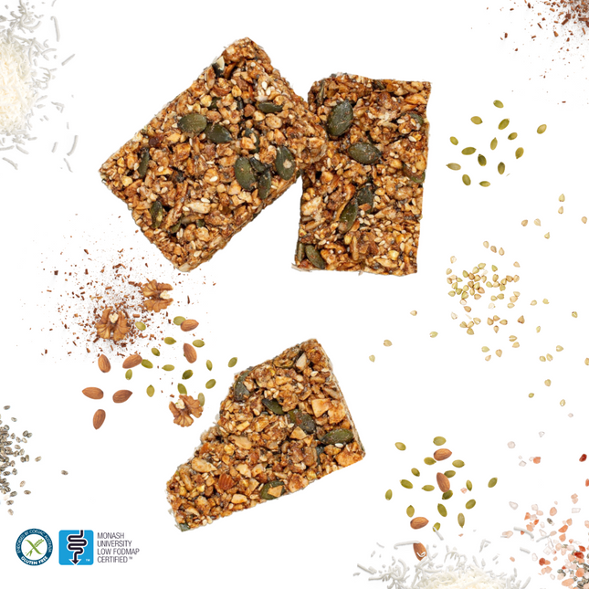 Gluten free, Vegan, Low FODMAP certified granola bars packed with nuts, seeds, and a touch of sweetness. 