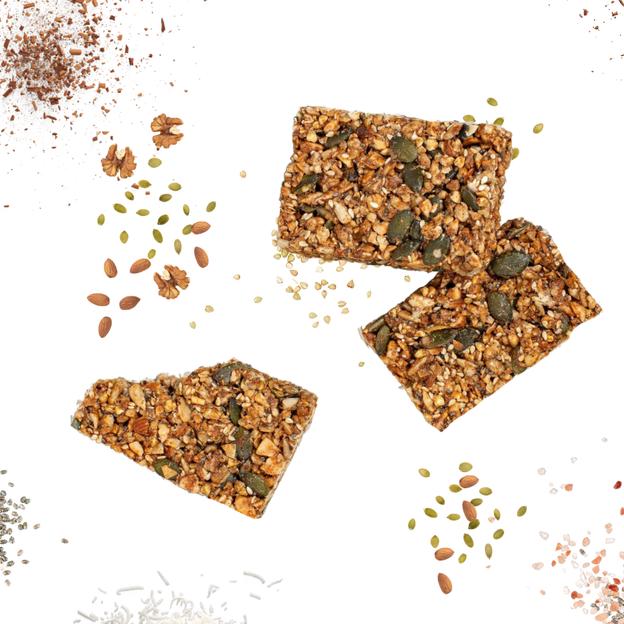 Gluten free, Vegan, Low FODMAP certified granola bars packed with nuts, seeds, and a touch of sweetness. Three per pack. 