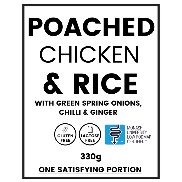 Gluten-free, Low FODMAP, lactose-free high-protein poached chicken with aromatic rice meal label.