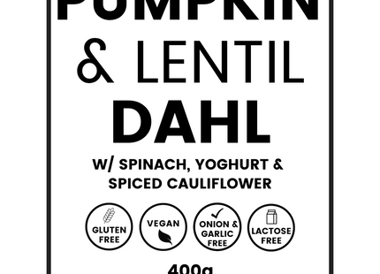 Pumpkin_LentilDahlw_Spinach_Yoghurt_SpicedCauliflower.glutenFree_LactoseFree_Vegan_onion_garlicfree400g