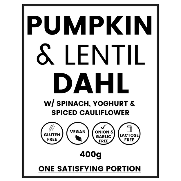 Vegan Pumpkin and Lentil Dahl served with brown rice and roasted broccoli label. Shows this meals is Gluten Free, Vegan, Lactose Free, Onion & Garlic Free.