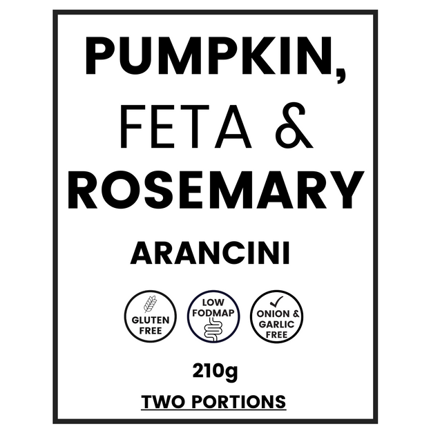 Label of gluten free, low FODMAP and onion and garlic free Pumpkin and eta Arancini.