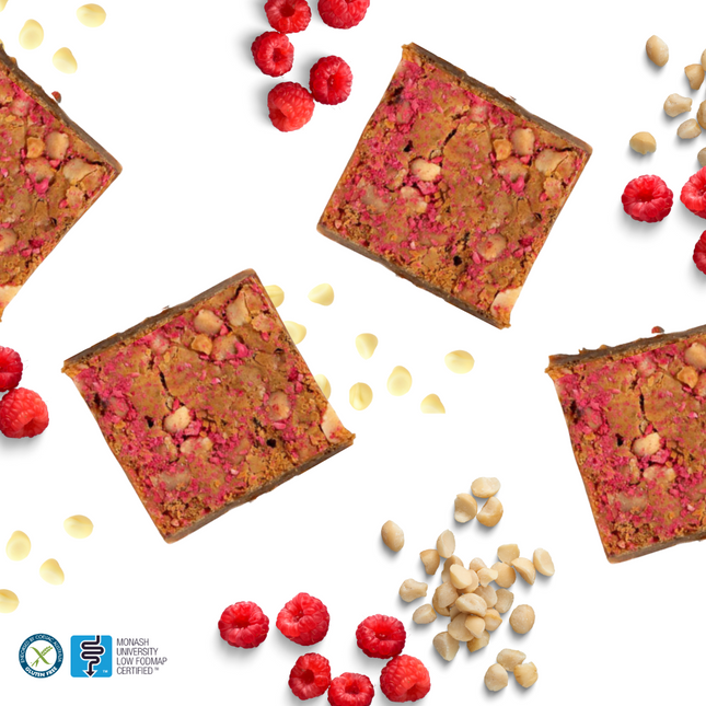 Gluten-free, Low FODMAP raspberry and macadamia square by We Feed You.