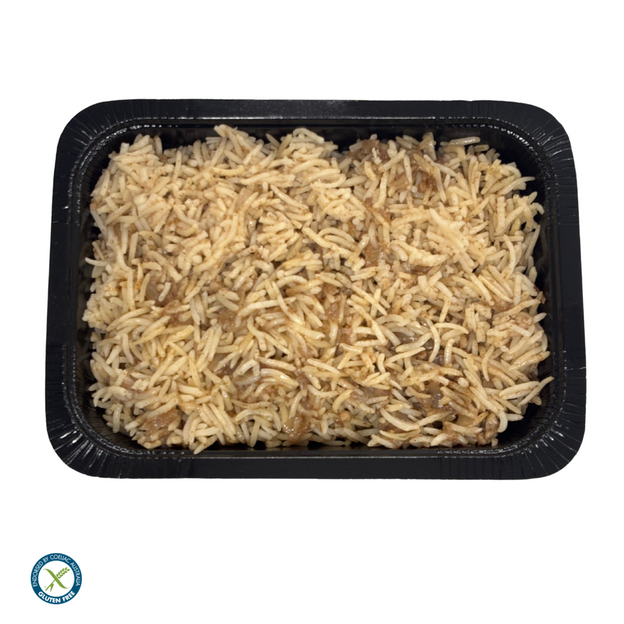 Gluten-free rice pilaf with subtle spices, onion and garlic, light and fluffy, by We Feed You. In tray, serves two. 