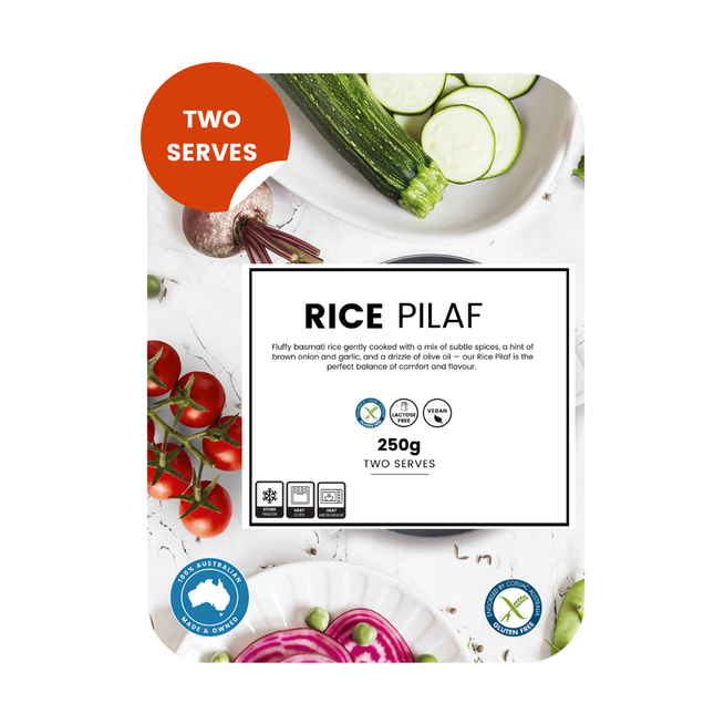 Gluten-free rice pilaf with subtle spices, onion and garlic, light and fluffy, by We Feed You. Serves two. 