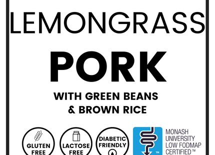 Satay Lemongrass Pork w/ Carrots, Green Beans & Brown Rice. 350g Gluten free, low FODMAP, lactose free. By We Feed You