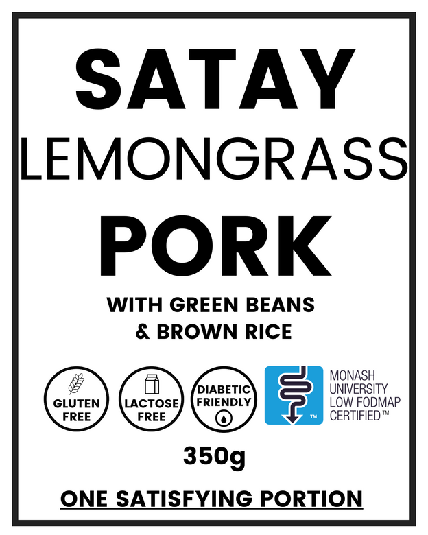 Satay Lemongrass Pork w/ Carrots, Green Beans & Brown Rice. 350g Gluten free, low FODMAP, lactose free. By We Feed You
