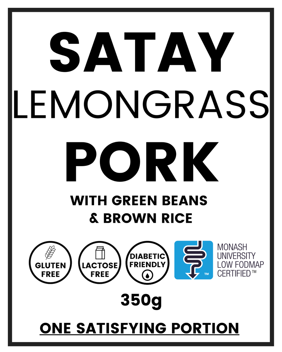 Satay Lemongrass Pork w/ Carrots, Green Beans & Brown Rice. 350g Gluten free, low FODMAP, lactose free. By We Feed You