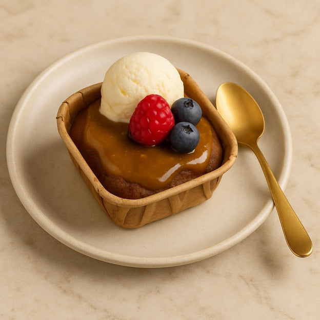 Gluten-free, low FODMAP sticky date puddings by We Feed You, Can be served with ice cream and berries. 