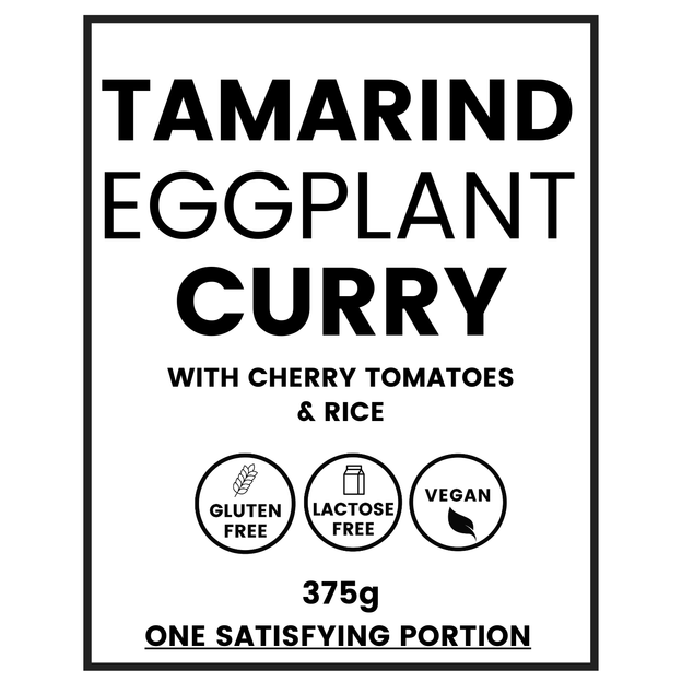 Tamarind Eggplant Curry w Brown Rice in label showing the meals is Gluten Free, lactose free and vegan. 