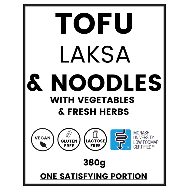Tofu Laksa and Noodles 380g meal label showing gluten free, vegan, low FODMAP, lactose free logos. 