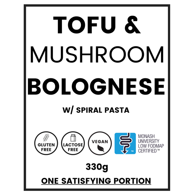 Gluten-free, Low FODMAP, vegan tofu and mushroom bolognese label.