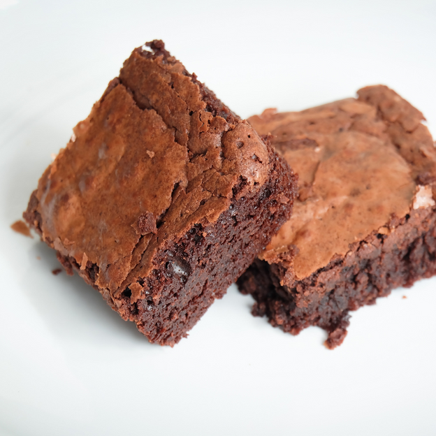 Two Gluten-free, Low FODMAP triple chocolate brownies.