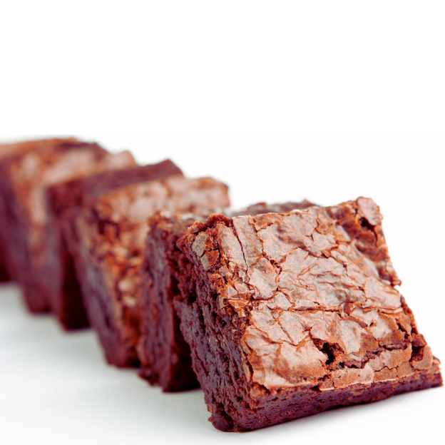 Gluten-free, Low FODMAP triple chocolate brownie — lined up ready to enjoy. 