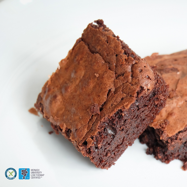 Gluten-free, Low FODMAP triple chocolate brownie — rich, fudgy and indulgent yet gut-friendly.