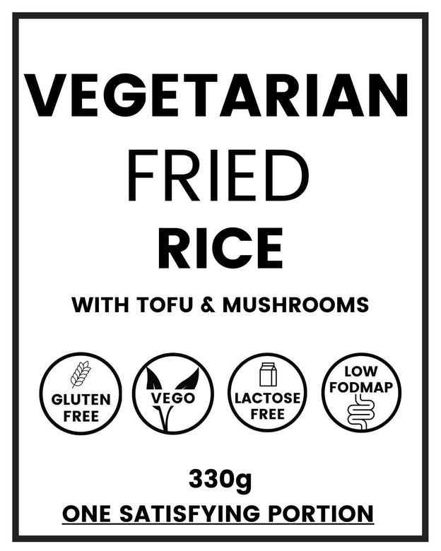 Product label for Gluten-free, Low FODMAP vegetarian fried rice.