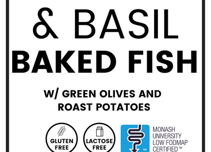 Fish in Tomato, Basil & Green Olive Sauce w/ Roast Potatoes, loW FODMAP certified, gluten free, lactose free, pescatarian