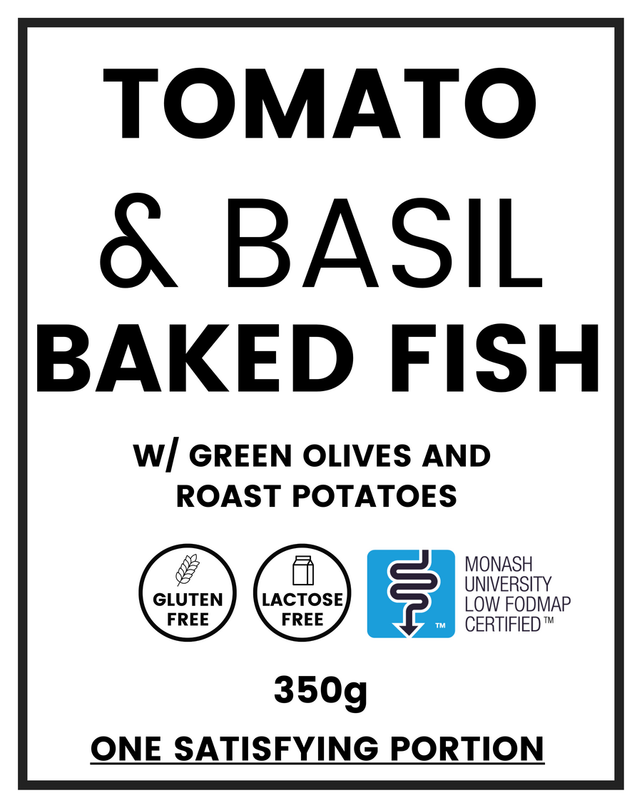 Fish in Tomato, Basil & Green Olive Sauce w/ Roast Potatoes, loW FODMAP certified, gluten free, lactose free, pescatarian
