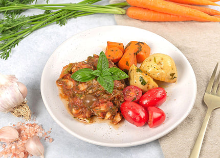 Fish in Tomato, Basil & Green Olive Sauce w/ Roast Potatoes, loW FODMAP certified, gluten free, lactose free, pescatarian