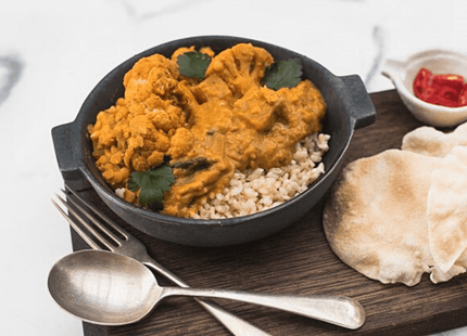 Pumpkin & Lentil Dahl w/ Spinach, Yoghurt & Spiced Cauliflower. gluten Free, Lactose Free, Vegan, onion & garlic free