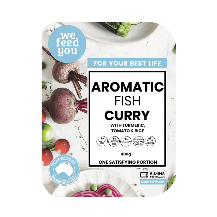 Aromatic Fish Curry w/ Fresh Turmeric, Tomato & Brown Rice. 400g. gluten free, lactose Free, pescatarian. We Feed You