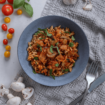 Bacon, Mushroom and Tomato Spiral Pasta. We Feed You